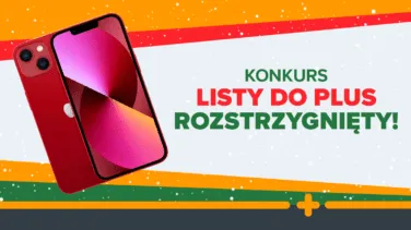 Grafika ogłaszająca rozstrzygnięcie konkursu „Listy do Plus” z nagrodą – czerwonym iPhonem 13
